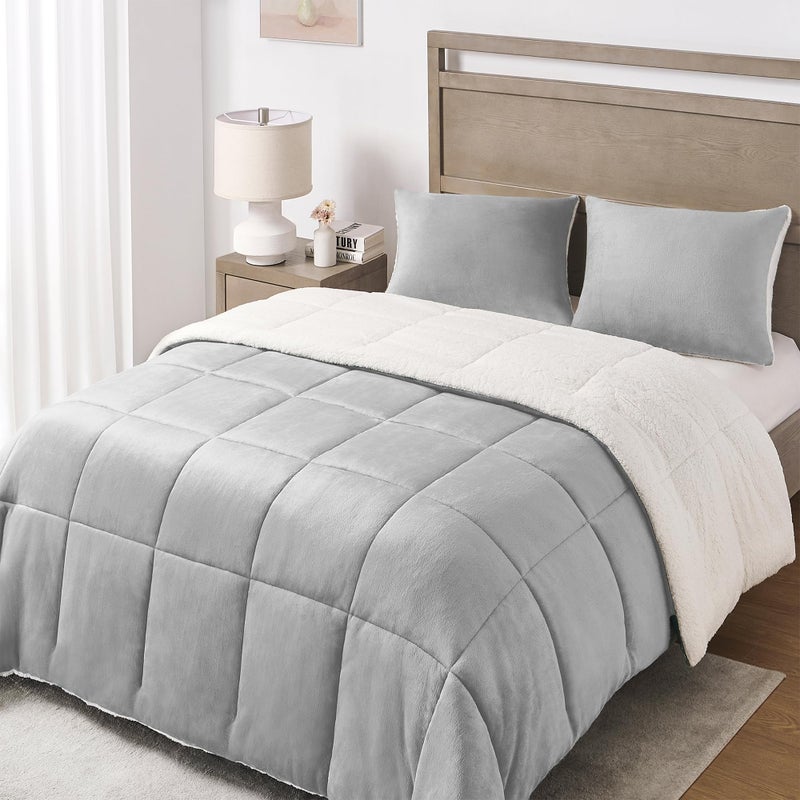 Basic Beyond Queen Comforter Set - Luxury Fleece Sherpa Comforter Sets for Queen Bed, Soft and Warm Queen Size Bedding Comforter Set for Winter, Grey, 88"x88" - Image 1
